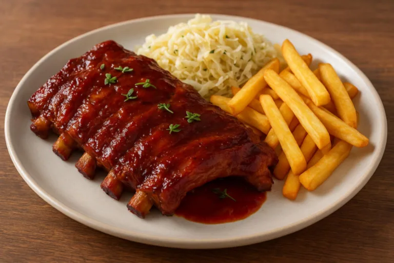 Żeberka barbecue z kapustą kiszoną i frytkami – klasyk w nowoczesnym wydaniu